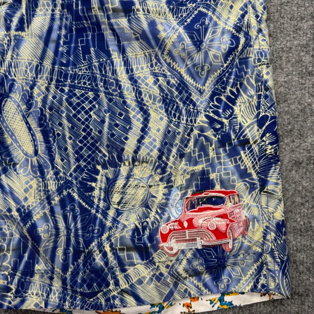 Robert Graham Mens Blue Yellow Geometric Vintage Car Swim Trunks Board Shorts 32